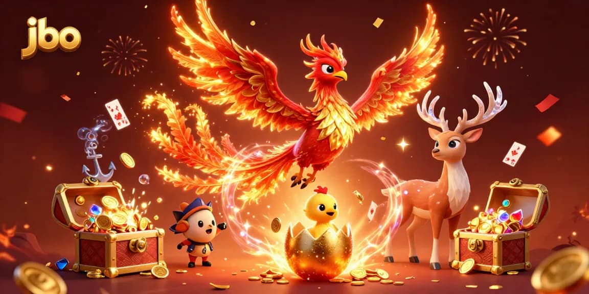 Spin to win at jbo with a vibrant 3D illustration featuring a phoenix and casino elements.