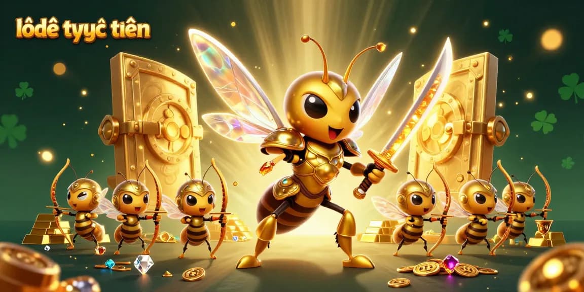 Engaging scene of lô đề trực tuyến featuring a giant golden hornet samurai and bee archers among treasures and shimmering gold.
