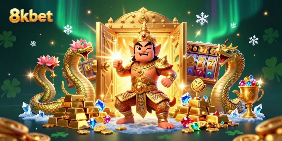 Spin the reels and unlock treasures at 8kbet with vibrant gold and gems in a rich casino scene.