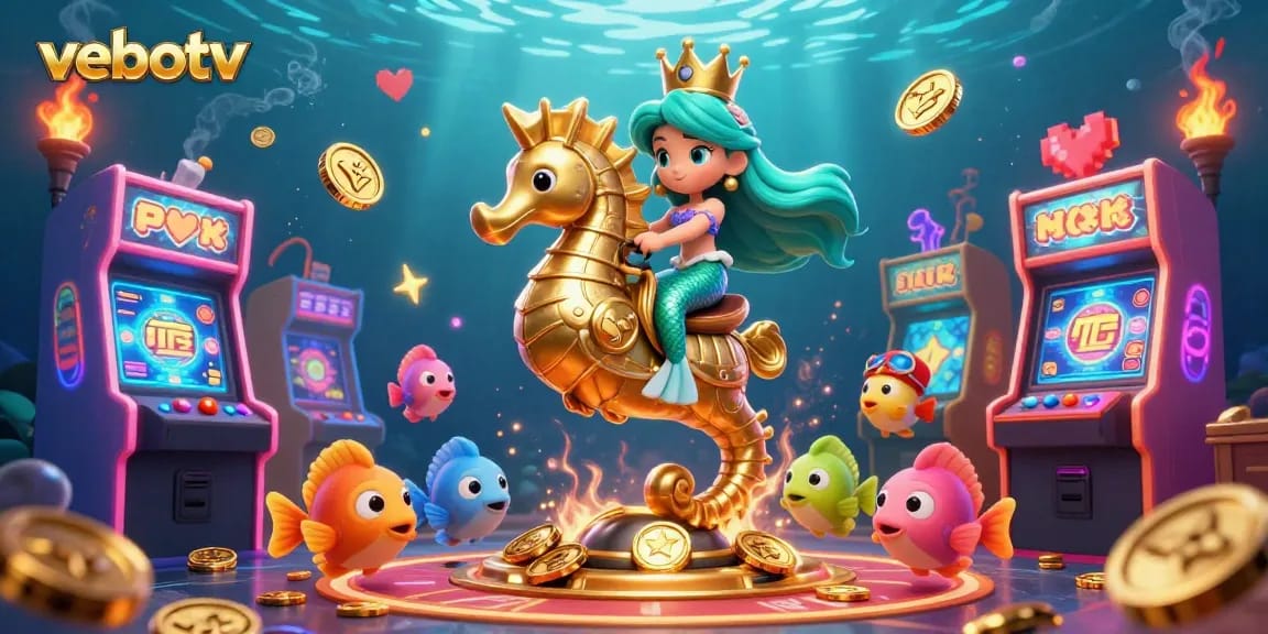 Experience the thrill of vebotv with a vibrant 3D illustration of a mermaid and seahorse amidst dazzling casino gaming elements.