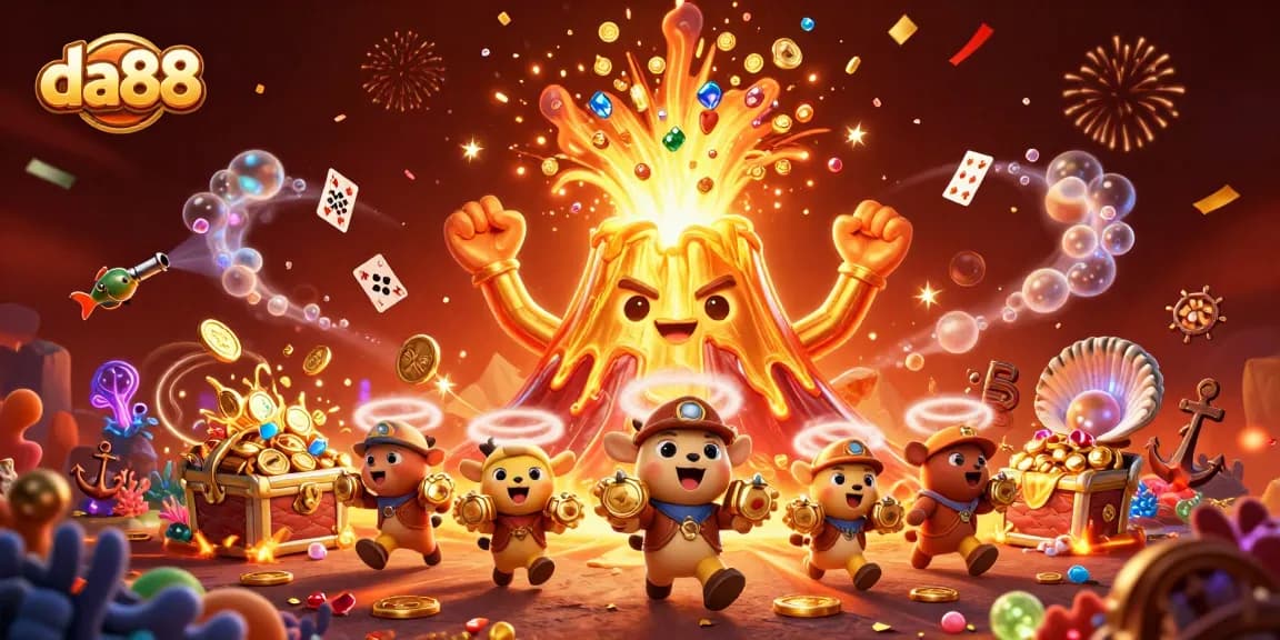 da88's vibrant volcano casino scene erupts with treasures and playful explorers in a fantastical display.