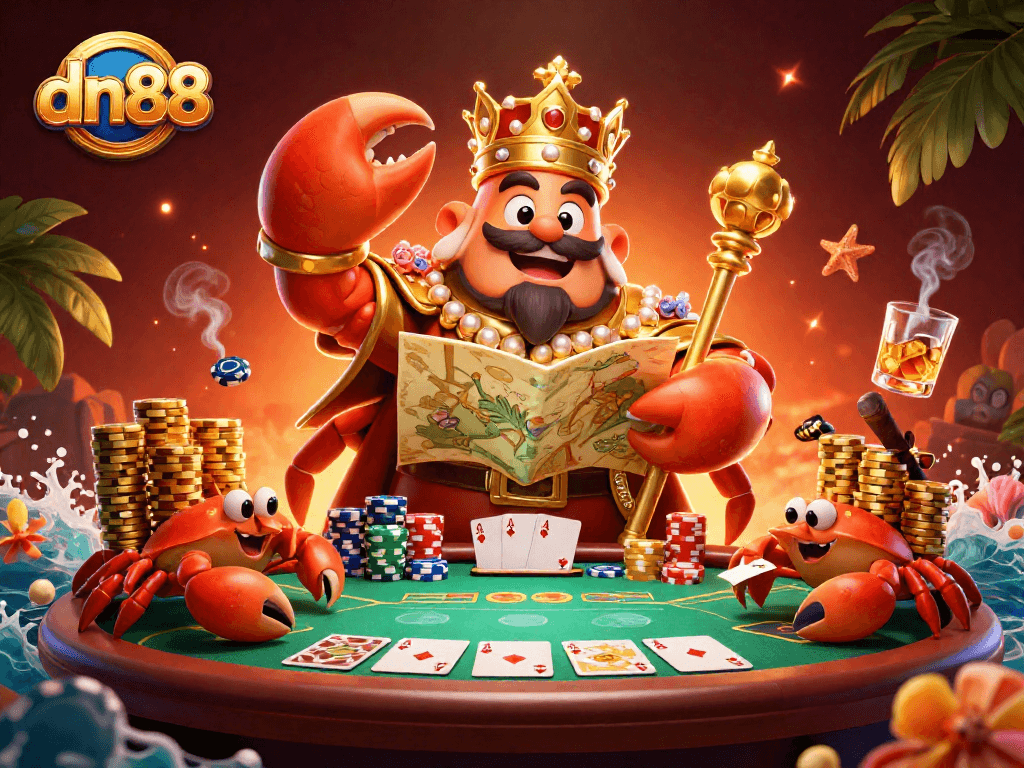 Experience the thrill of winning at dn88 with the golden crab emperor at a vibrant poker table.