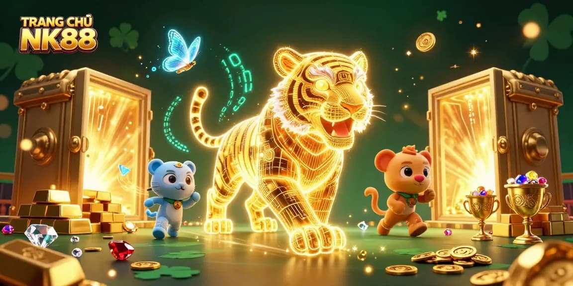 Experience the vibrant TRANG CHỦ NK88 casino world, featuring a golden tiger in a dynamic gaming scene.