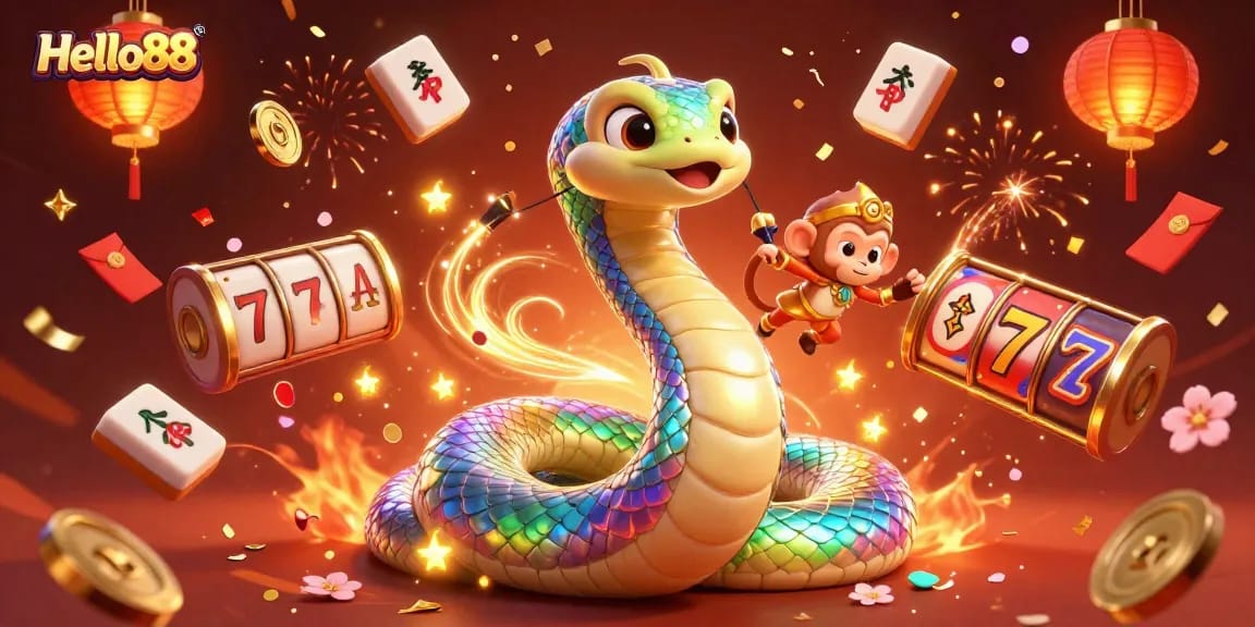 Engage with Hello88's vibrant gambling world featuring a playful monkey king amidst festive casino elements.