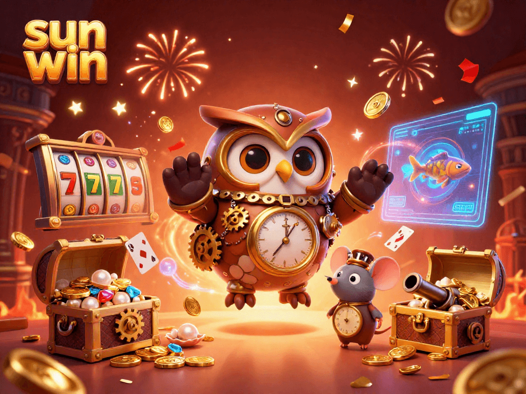 Win big at sun win with a vibrant 3D casino scene bursting with colorful elements and energy.