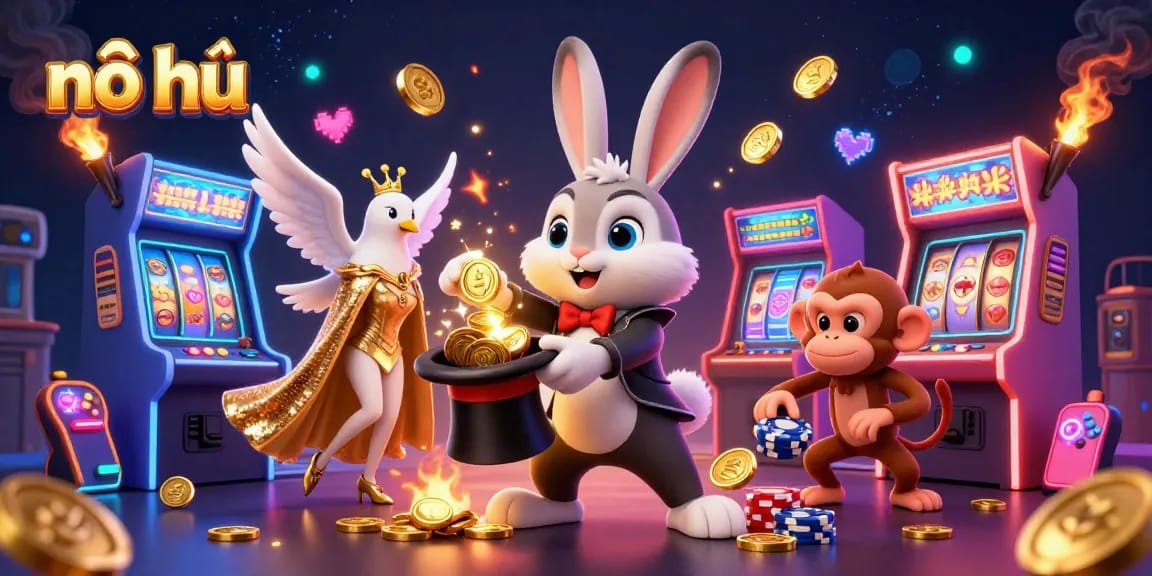 Experience nổ hũ excitement with our magical 3D illustration featuring a jackpot-scoring rabbit, dove, and monkey!