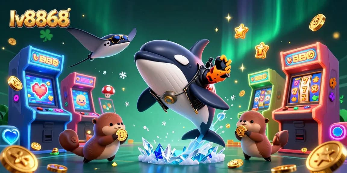 Experience vibrant gaming action with lv8868 as sea otters and an orca celebrate wins with golden coins.