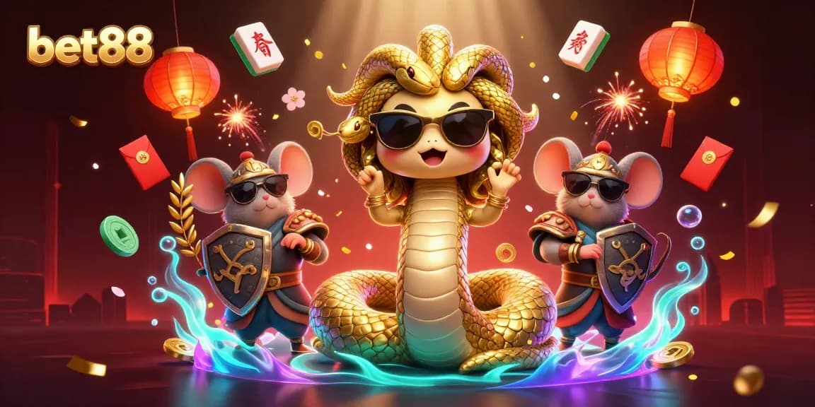 Bet88 showcases a vibrant 3D illustration featuring Medusa and a warrior mouse surrounded by gambling elements.