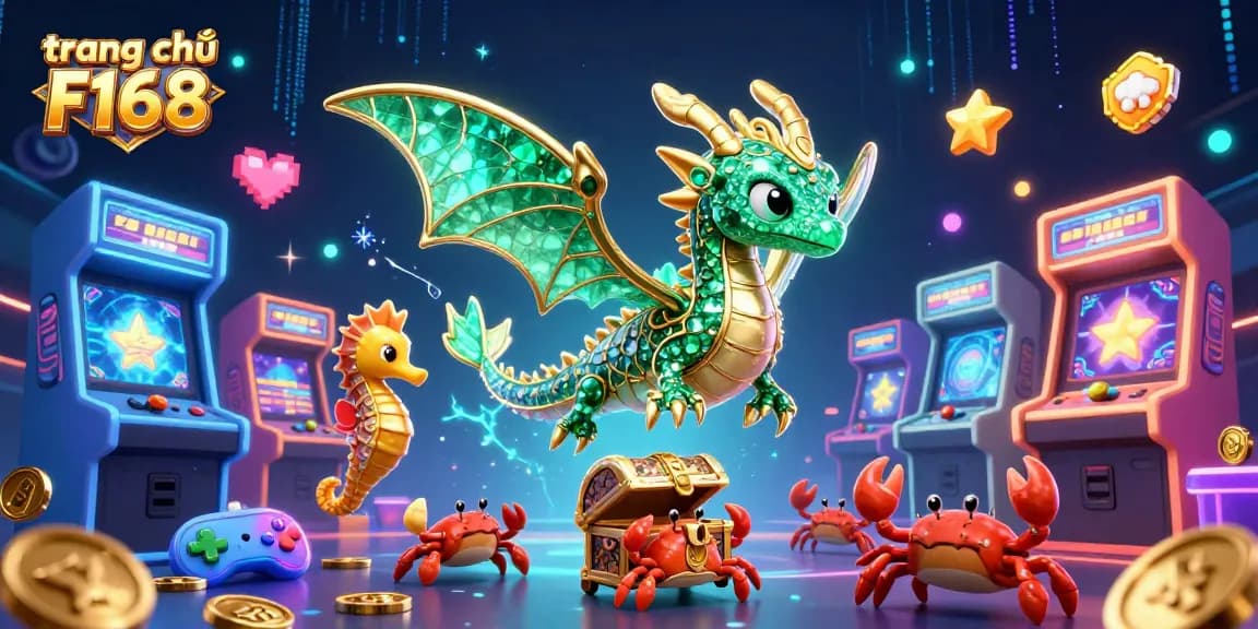 Experience the excitement at trang chủ F168 with vibrant game elements and enchanting characters in this colorful illustration.