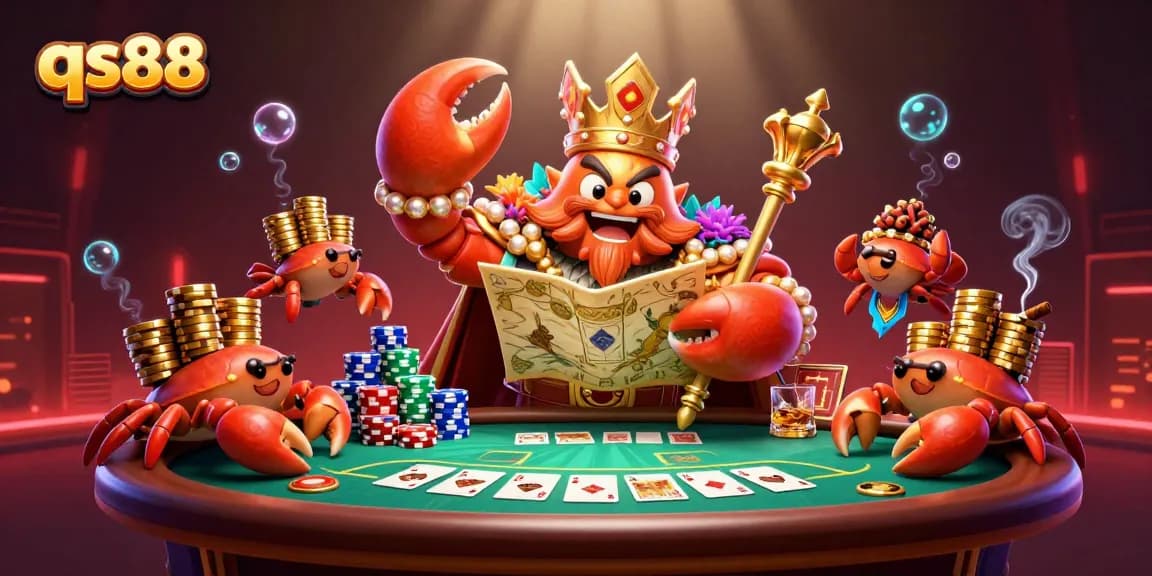 Engage with the dynamic qs88 casino scene featuring a golden crab emperor and poker elements.