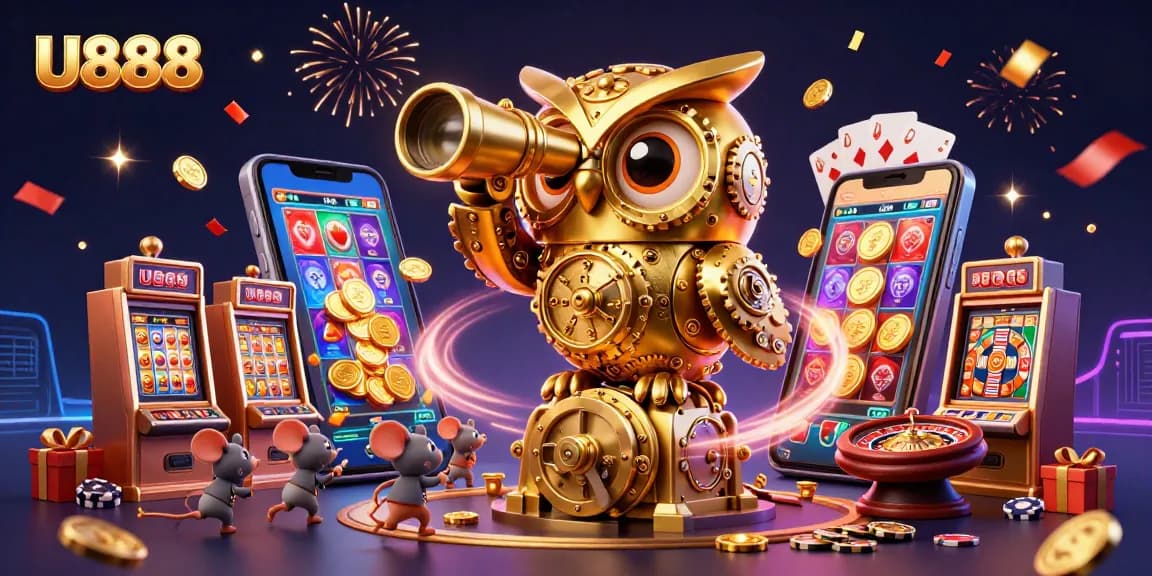 Experience U888's vibrant casino world with a golden owl, dazzling games, and festive elements.
