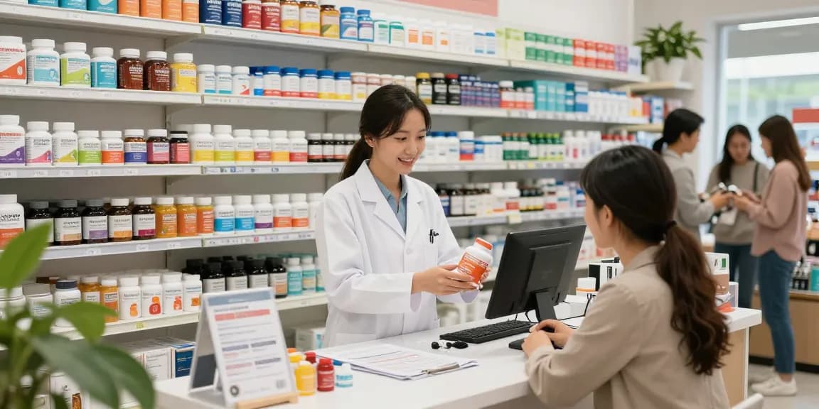Unieke Pharma Shop met vriendelijke apotheker die klanten helpt met gezondheidsupplementen