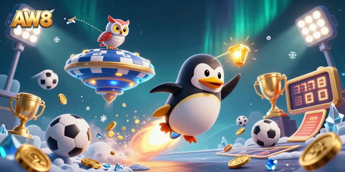AW8 excites players with a vibrant rocket-powered penguin racing to a casino chip!