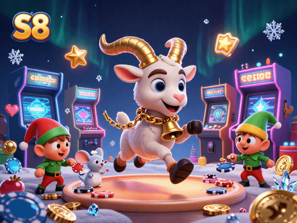Experience S8's thrilling casino action with cartoon characters in a vibrant, dynamic scene.