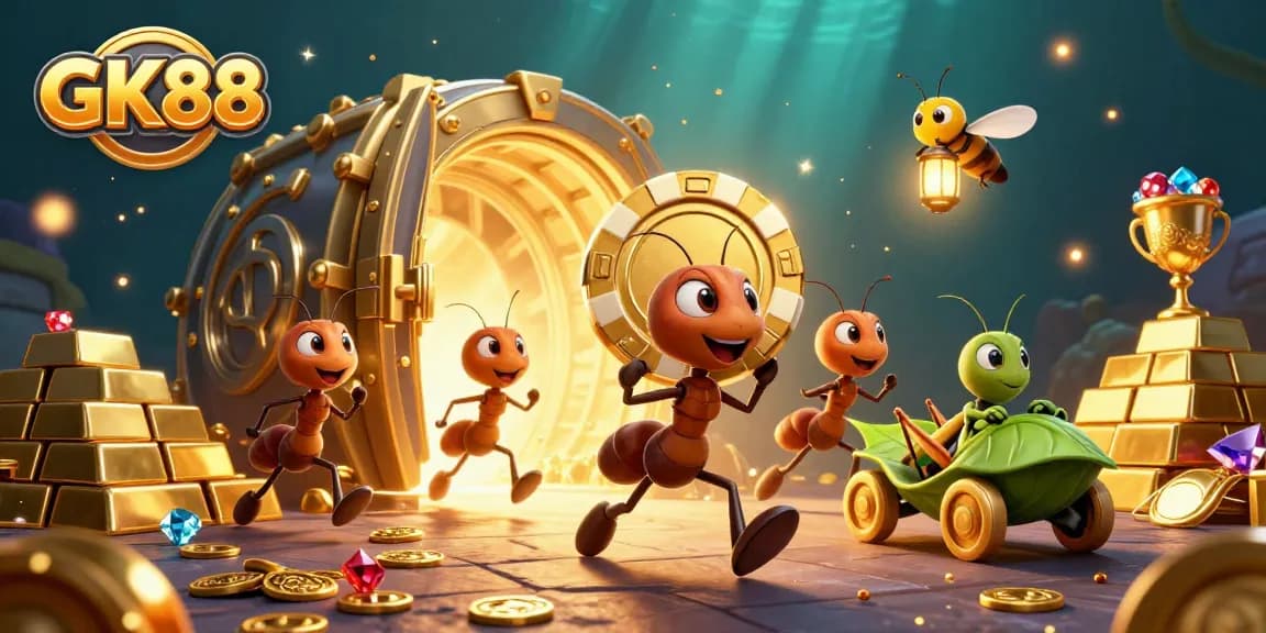 GK88 ants on a heist with golden poker chip in 3D casino-themed illustration.