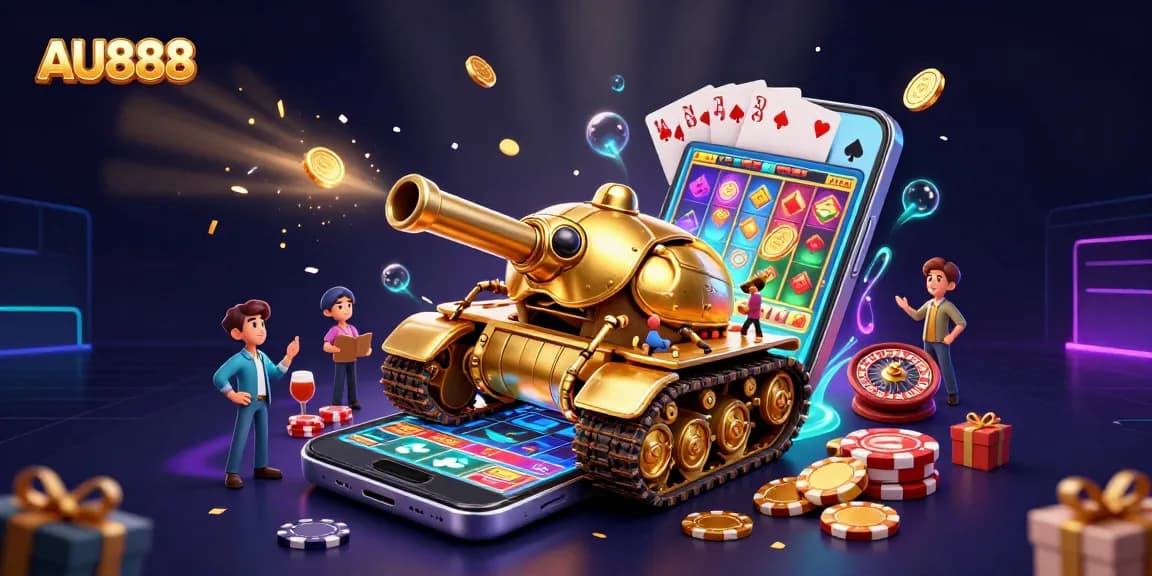 Engage with AU888 through a vibrant 3D casino scene featuring a golden beetle tank and slot games.