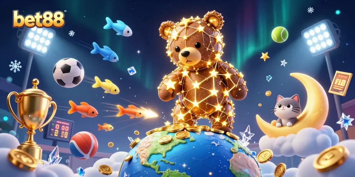 Engage with bet88's vibrant online casino adventure featuring a galaxy bear, sports elements, and golden coins.