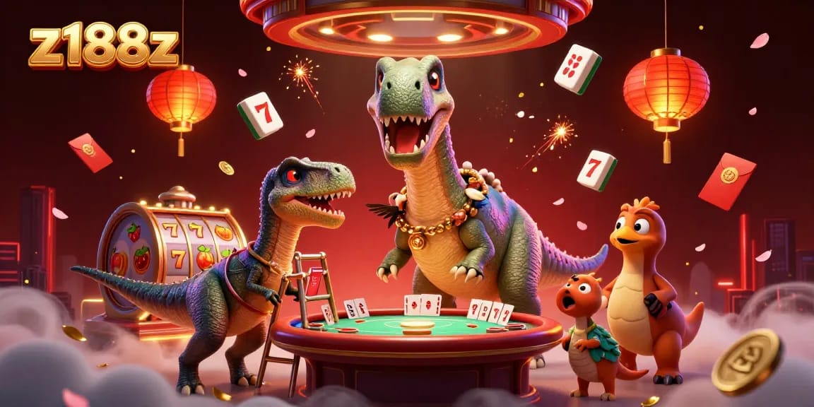 Experience the excitement of z188z as a giant brontosaurus watches a clever raptor deal poker cards.