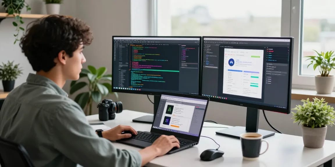 Developer coding at modern workspace with dual monitors showing sc88 programming interface.