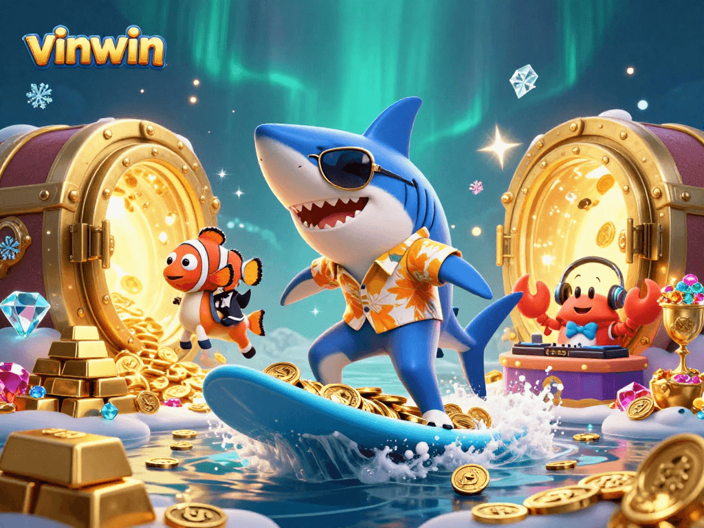 Win big at vinwin with a vibrant underwater casino themed illustration, featuring charming aquatic characters.