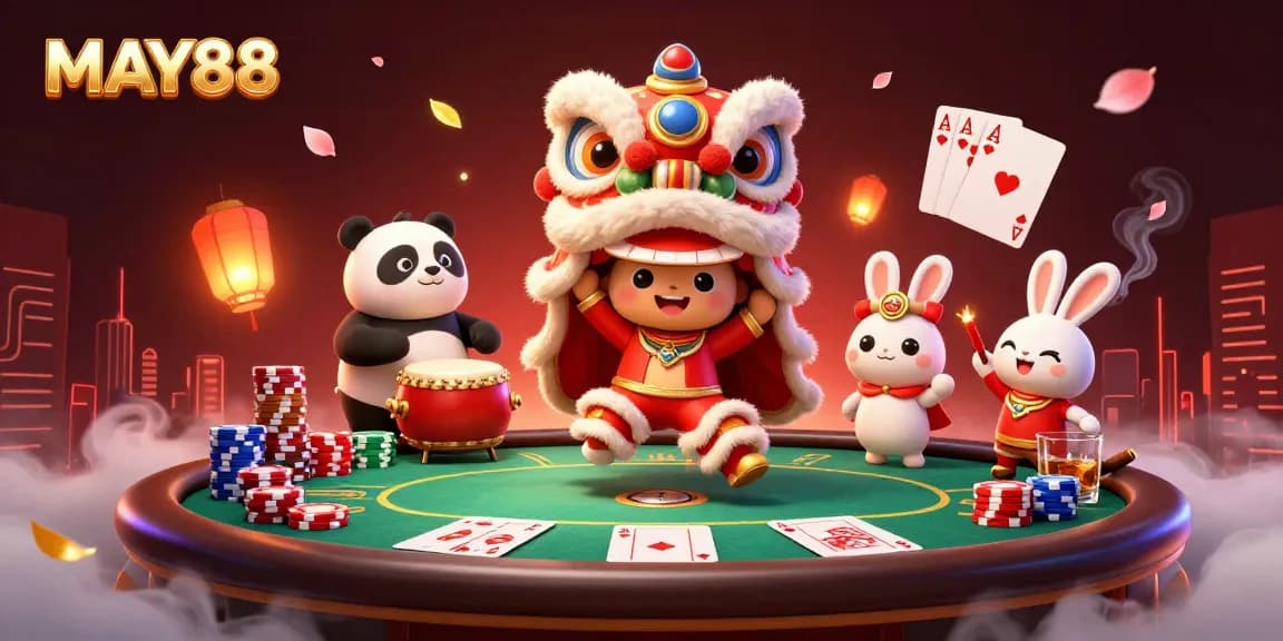 Engage in thrilling MAY88 gaming with a vibrant lion dance and poker elements