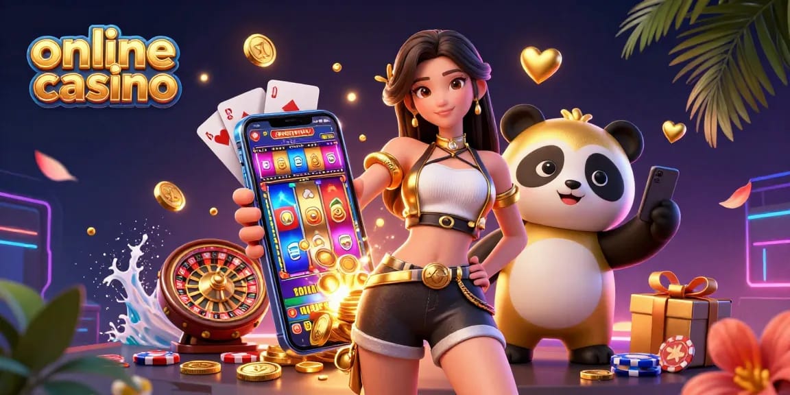 Experience the thrill of online casino gaming with a vibrant scene featuring a woman with a smartphone and a golden panda mascot.
