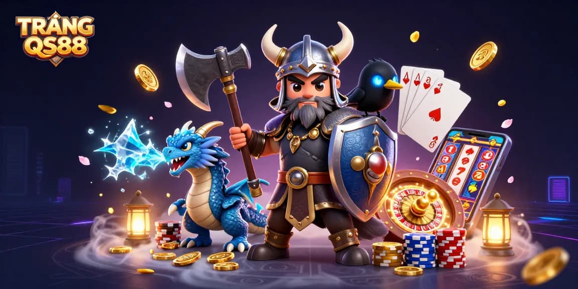 Engage in thrilling gameplay at TRANG CHỦ QS88, showcasing a vibrant 3D casino scene with Viking and dragon elements.