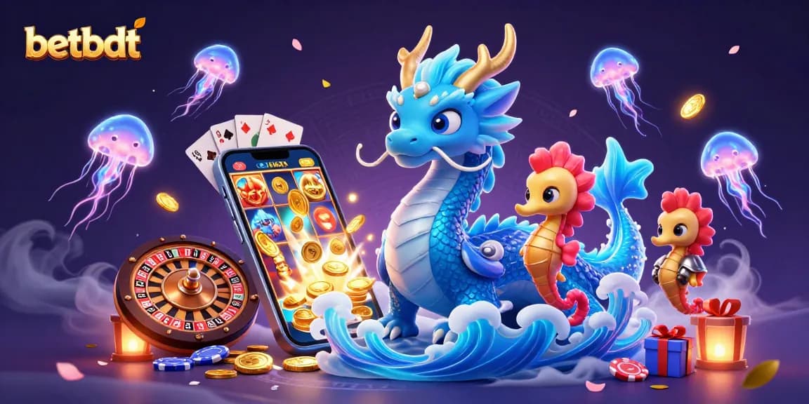 Engage in thrilling games at betbdt with a vibrant scene featuring a water dragon, slot games, and neon jellyfish.