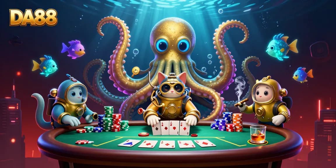 Join the thrill of poker with DA88 in this vibrant, rich 3D underwater casino scene.