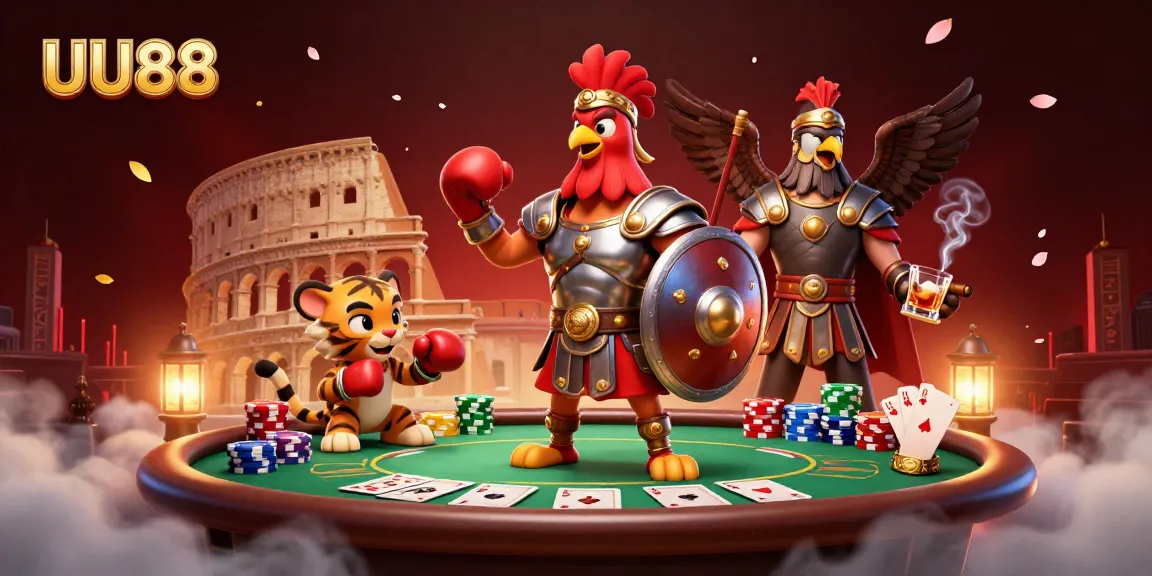 Engage in thrilling online gambling with the UU88 casino featuring a gladiator rooster and poker elements.