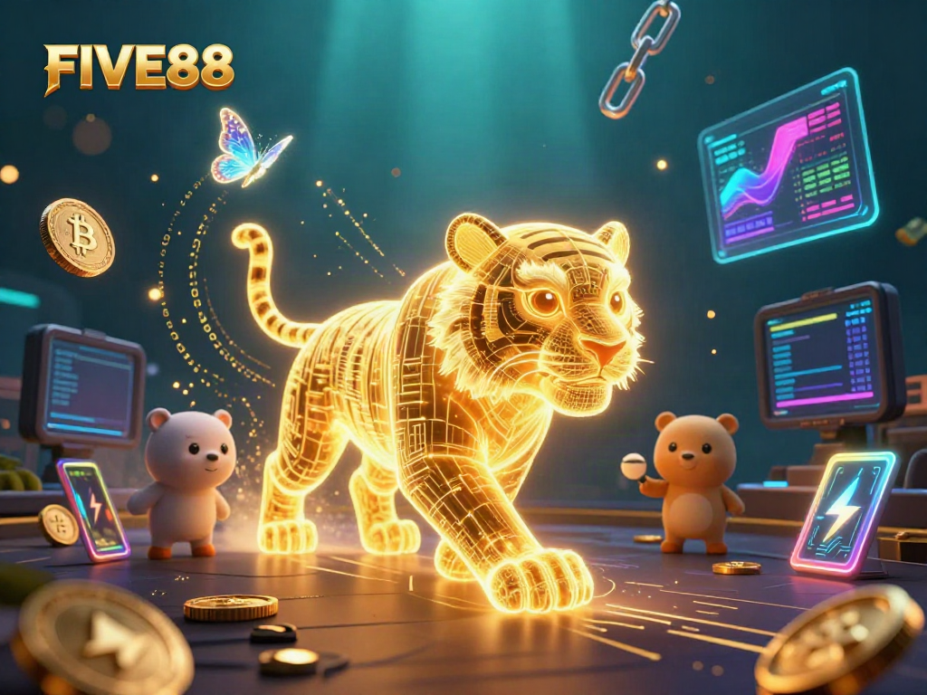 Join the excitement at FIVE88 with a neon tiger in a vibrant digital casino scene.