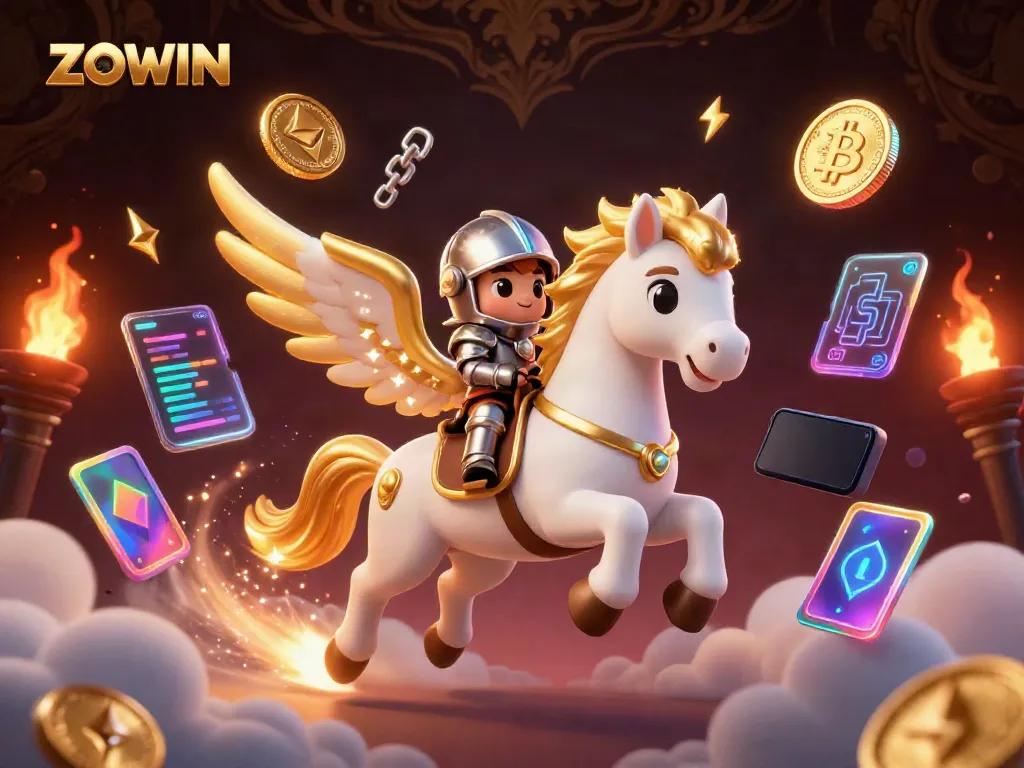 Experience thrilling gameplay at ZOWIN with a celestial horse and knight in a vibrant casino scene.