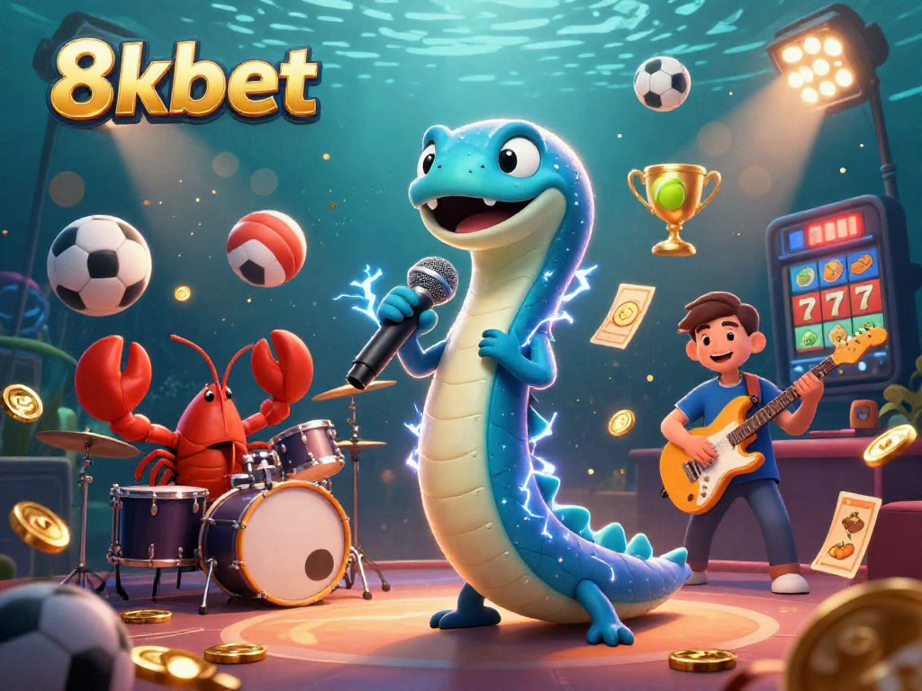 Experience the vibrant underwater casino scene with 8kbet's electric eel DJ and dynamic game elements.
