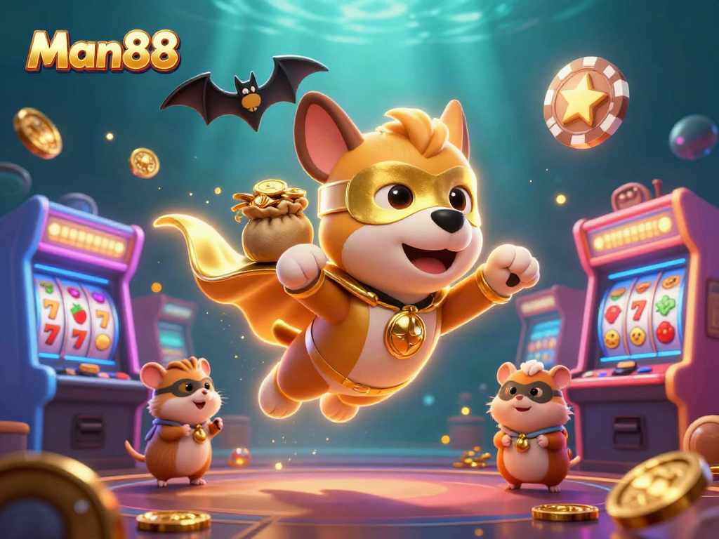 Man88 showcases a cartoon superhero dog and hamster among vibrant casino elements like slot reels for winning luck.