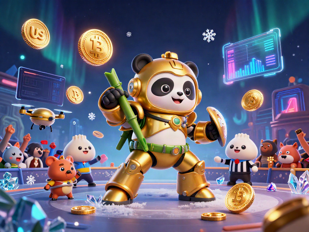 Engage with us in a vibrant 3D casino scene featuring a golden panda and crypto elements.