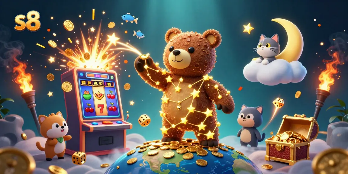 Scoop coins with S8 in a vibrant casino world filled with gold and exciting games.