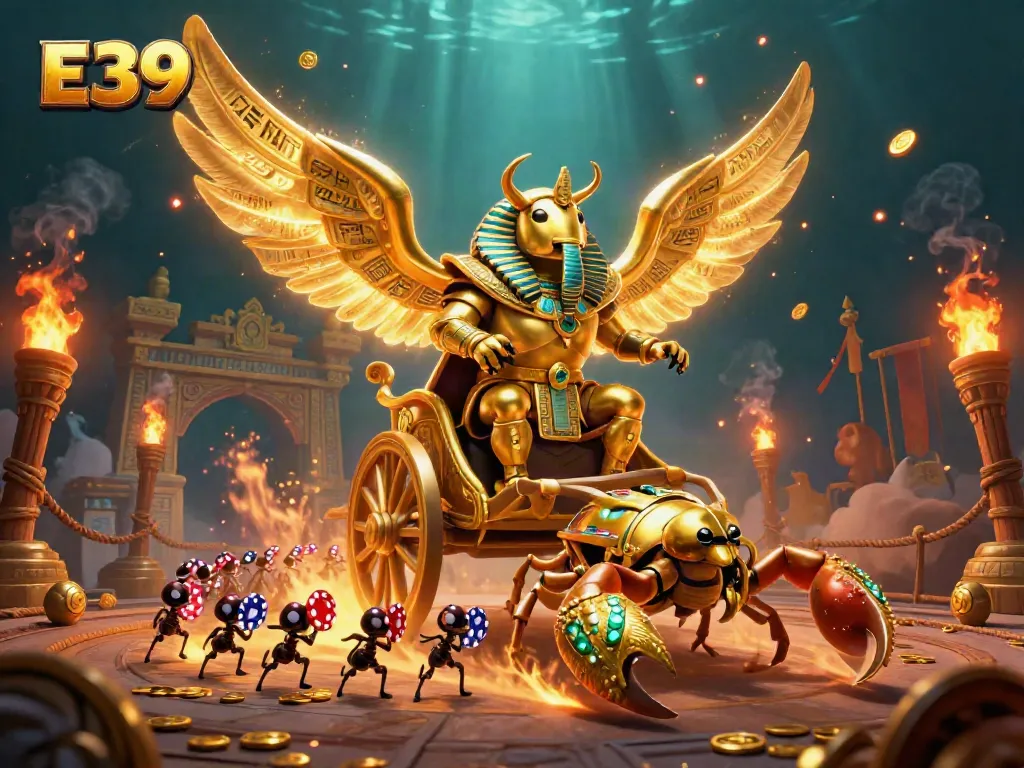 Win big with E39: a vibrant casino scene featuring a colossal golden scarab and scorpions amidst golden coins.