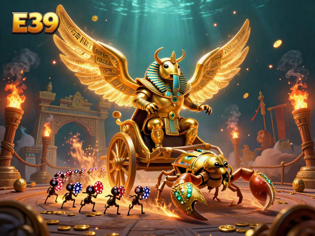 Win big with E39: a vibrant casino scene featuring a colossal golden scarab and scorpions amidst golden coins.