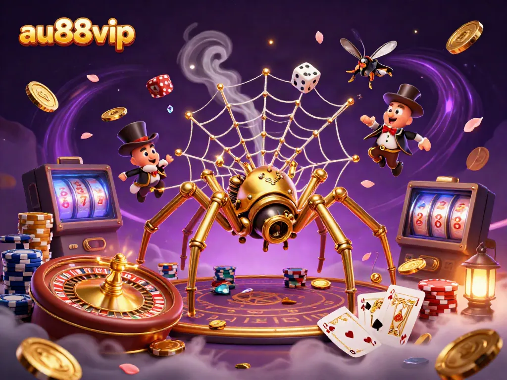Join the fun at au88vip with golden spider and Victorian fly in a vibrant casino scene.