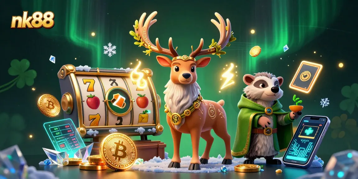 Experience thrilling gameplay with nk88's vibrant 3D casino illustration featuring slots and mystical characters.