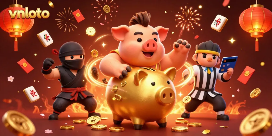 Vnloto offers a thrilling 3D illustration featuring an enormous golden piggy bank sumo wrestler surrounded by festive symbols of luck.