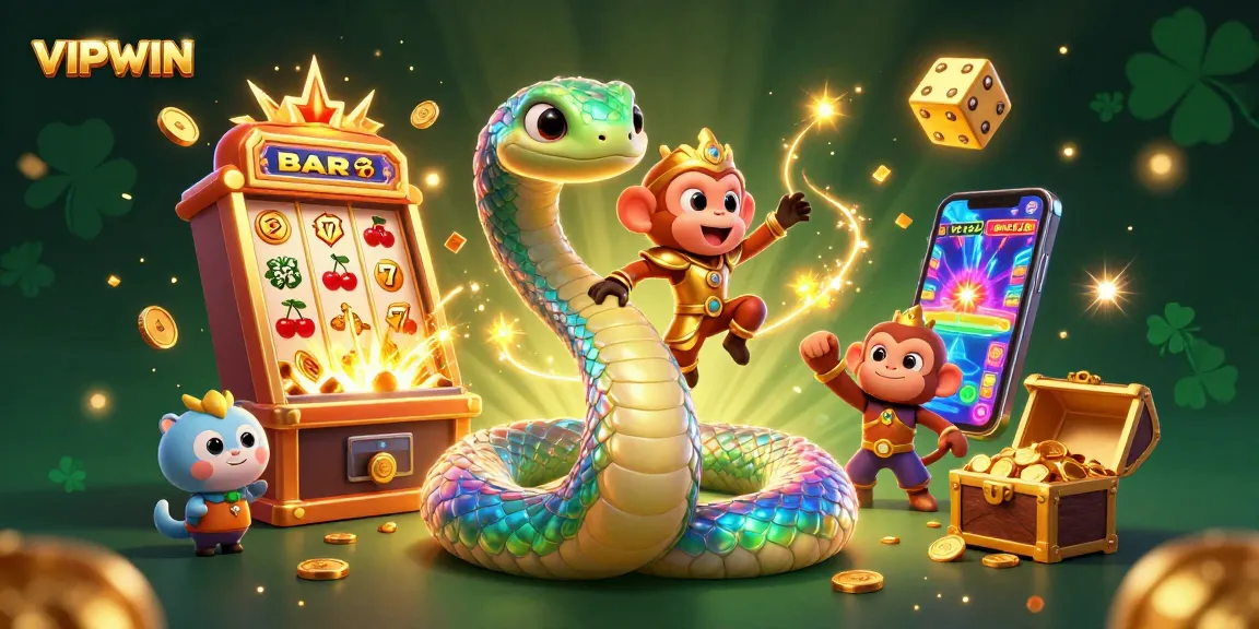 VIPWIN captivates players with a vibrant 3D casino extravaganza featuring a rainbow serpent and monkey king amidst dazzling slot machine action