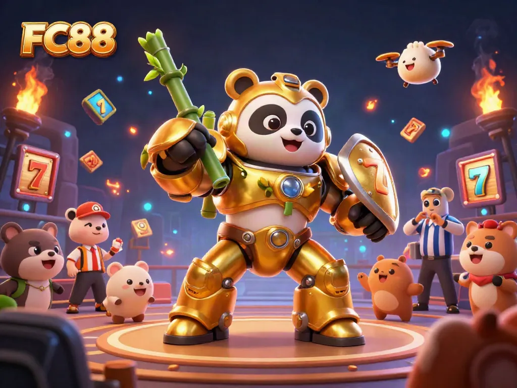FC88 showcases a golden panda mech in a vibrant gambling arena, highlighting exciting slot game themes.