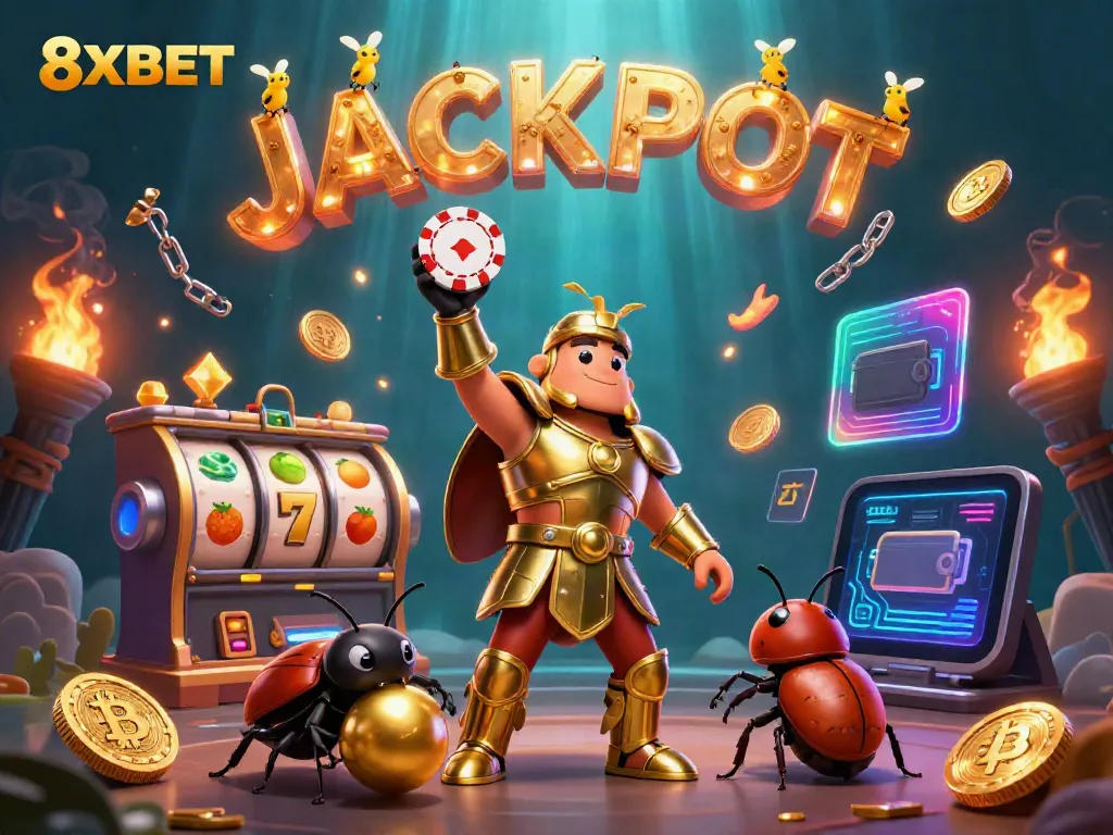 Experience the thrilling world of 8XBET with a victorious beetle lifting a poker chip, surrounded by slot symbols and crypto coins.