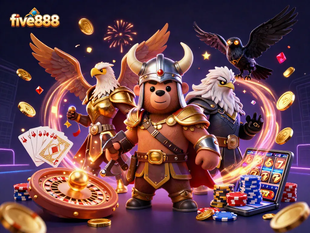 Experience excitement at five888 with a Viking bear and Valkyrie eagle in a dynamic casino scene