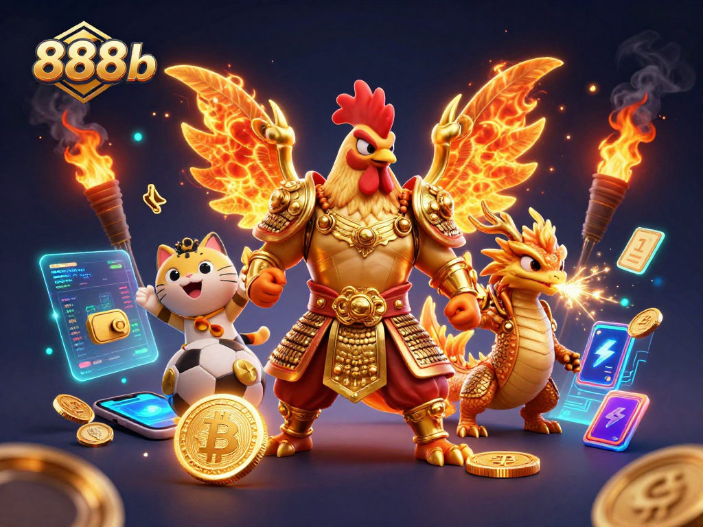 Engage with 888b betting excitement featuring a fighting rooster, armored dragon, and crypto elements.