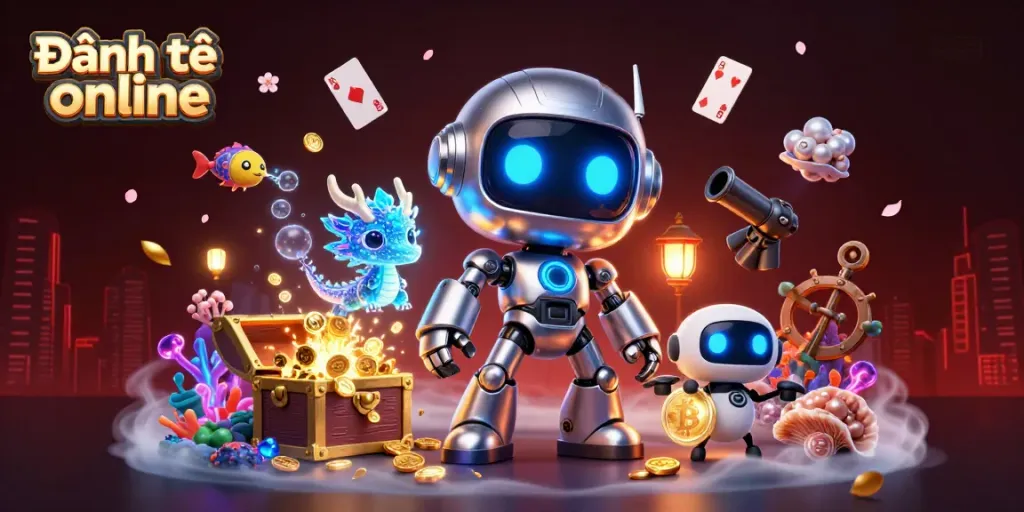 Experience Đánh đề online with a dynamic scene of futuristic characters amidst vibrant gaming elements.