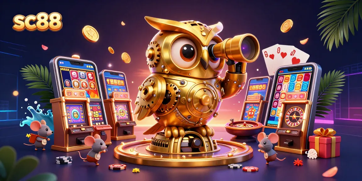 Experience sc88 with our vibrant 3D casino scene featuring a golden owl, slot machines, and more.