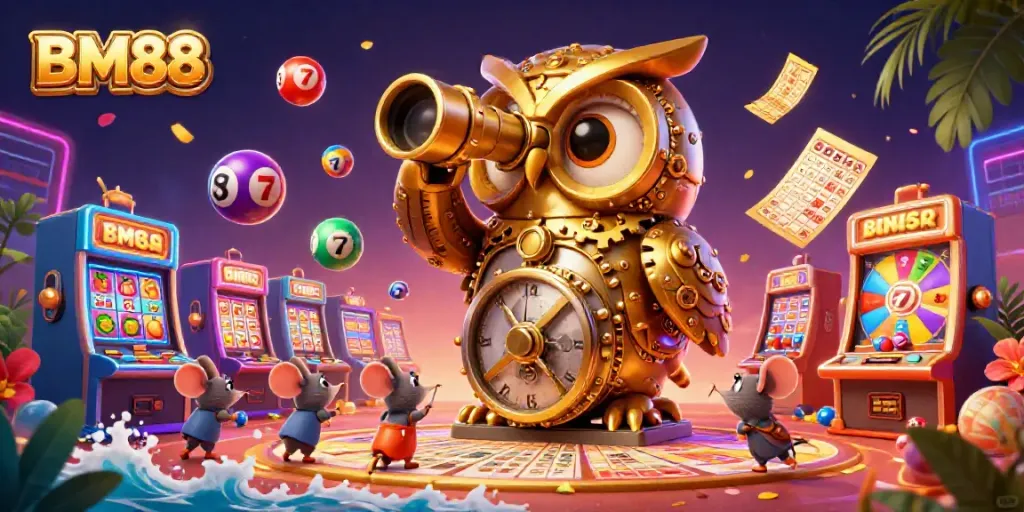 Engage with the vibrant BM88 casino scene filled with dynamic slots, colorful lottery balls, and joyful characters.