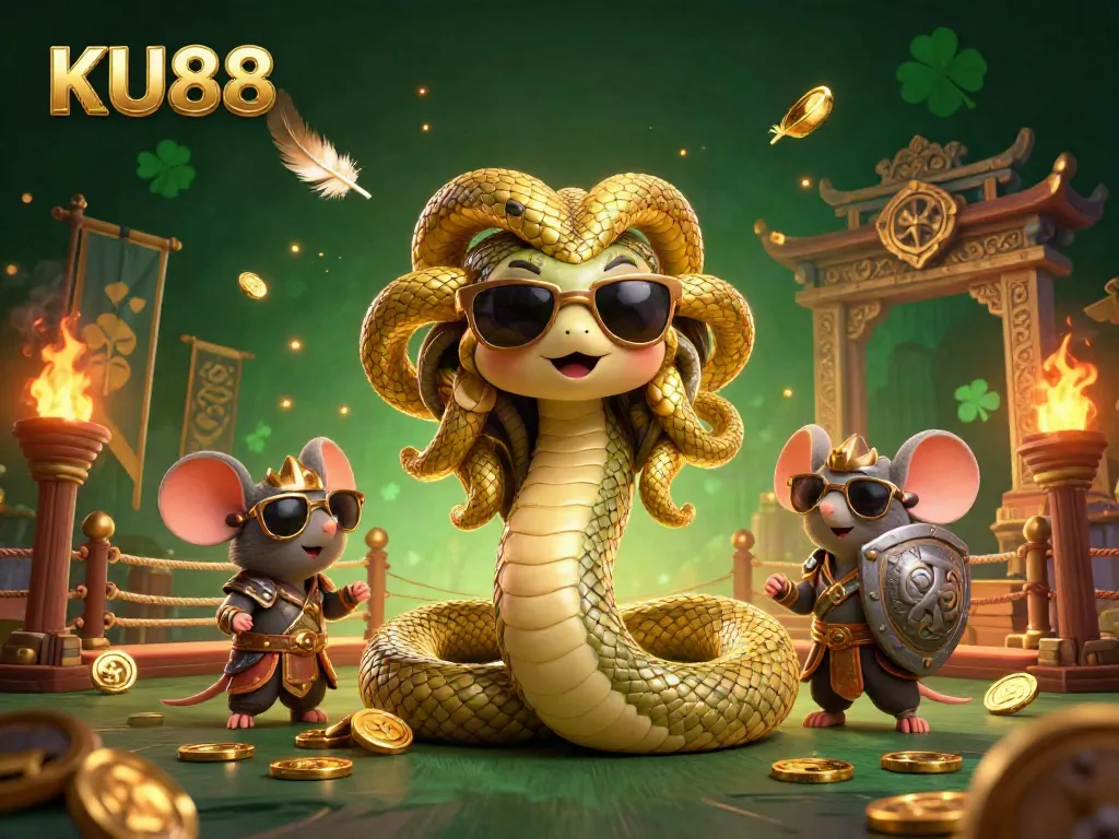 Experience thrilling gameplay with KU88, showcasing a lively casino scene filled with enchanting characters and rich golden elements.